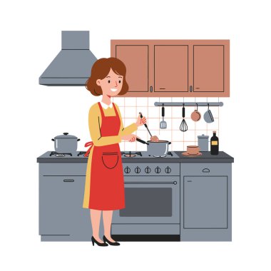 Anne aşçı tırnağı. Kırmızı önlüklü bir kadın mutfaktaki ocakta yemek pişiriyor ve duvarında çatal bıçak asılı. Çizim tasarımı.
