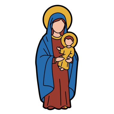 Mother Mary klip sanatı. Bu resim, Meryem Ana 'nın bebek İsa' yı tutarken çekilmiş bir tasvirini gösteriyor. Çizim tasarımı.