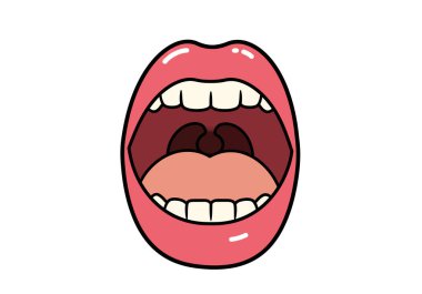 Sanat eseri ağzı konuşuyor. Görünür dişleri, dili ve uvulası olan açık bir ağız. Çizim tasarımı.