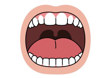 Ağzını aç. Bu resim açık bir ağız, görünür dişler, dil ve uvula gösteriyor. Çizim tasarımı.