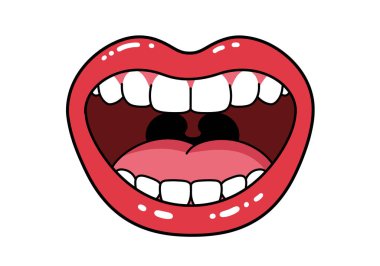 Koca ağız klipsi sanatı. Bu resim, kırmızı dudaklı, beyaz dişli ve pembe dilli çizgi film tarzı bir ağız gösteriyor. Çizim tasarımı.