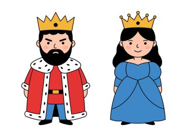 Kral ve kraliçe klip sanatı. Kırmızı cüppeli bir kral ve taçlı mavi elbiseli bir kraliçe. Çizim tasarımı.