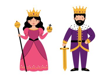 Kraliçe ve kral tırmanıyor. Görüntü, pembe elbiseli bir kraliçenin elinde bir asa ve küre ve mor cübbeli bir kralın kılıçlı halini gösteriyor. Çizim tasarımı.
