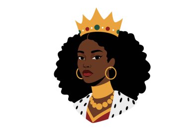 Afrikalı Amerikalı kraliçe Clipart. Bu resim, taç takan, büyük küpeli ve kolyeli bir kadını gösteriyor. Çizim tasarımı.