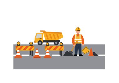Yol çalışması klip sanatı. Kürek, çöp kamyonu, trafik konileri, bariyerler ve yol işaretleri olan inşaat işçisi. Çizim tasarımı.