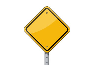 Boş yol tabelası. Bu resim, metal bir direğin üzerinde siyah kenarı olan boş sarı elmas şekilli bir yol tabelasını gösteriyor. Çizim tasarımı.