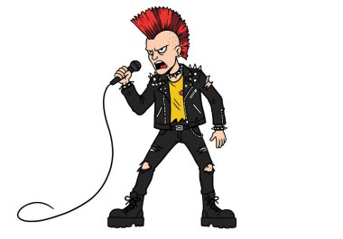Punk rock klip sanatı. Elinde mikrofon tutan, sivri uçlu deri ceket, sarı gömlek ve yırtık siyah kot giyen bir punk rockçı. Çizim tasarımı.