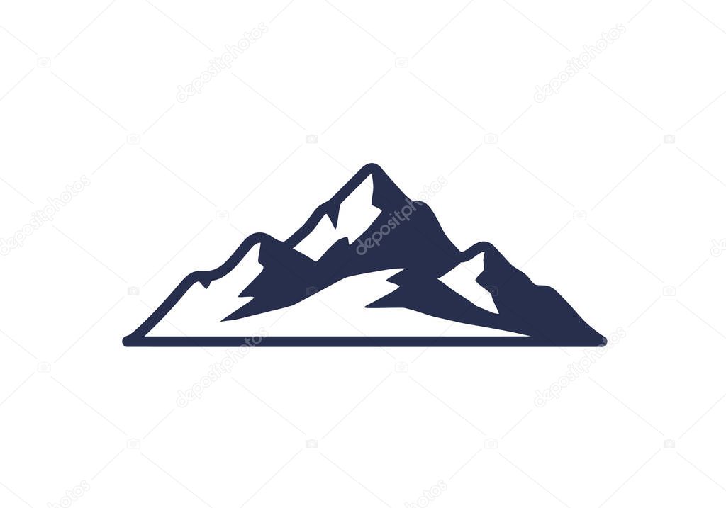 Simple mountain clip art. This image shows a stylized, minimalist mountain range with sharp peaks and snow caps. Illustration design.