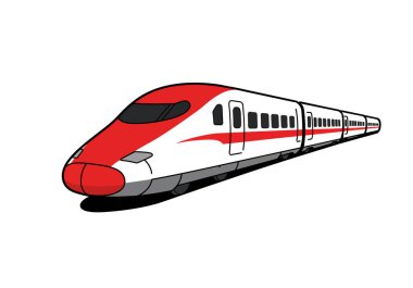 Yüksek hızlı tren tırmanışı. Görüntü, kırmızı ve beyaz renklerde, parlak, modern, yüksek hızlı bir treni gösteriyor. Çizim tasarımı.