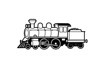 Tren motoru siyah beyaz tırman. Bu resim buharlı bir lokomotifin detaylı yan görüntüsünü gösteriyor. Çizim tasarımı.