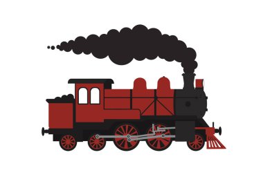 Tren dumanı klibi. Bacasından duman çıkan kırmızı ve siyah bir buhar lokomotifi. Çizim tasarımı.
