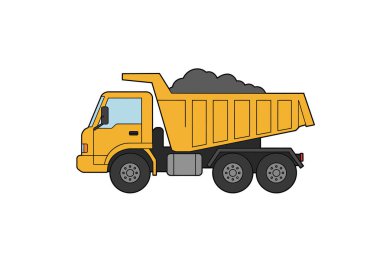 Clip Art damperli kamyon. Bu görüntü, koyu renkli malzeme taşıyan sarı bir damperli kamyonu gösteriyor. Çizim tasarımı.