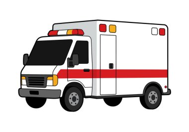 Ambulans kamyonu klibi. Bu görüntü kırmızı çizgili beyaz bir ambulans ve kurtarma ekipleri için acil durum ışıkları gösteriyor. Çizim tasarımı.