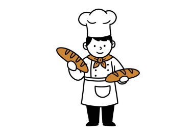 Clip Art Baker. Elinde iki somun ekmek tutan ve şef şapkası ve önlüğü takan bir fırıncı. Çizim tasarımı.
