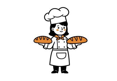 Kadın Baker Clipart. Aşçı şapkası ve önlüğü takan bir fırıncı iki somun ekmek tutar. Çizim tasarımı.