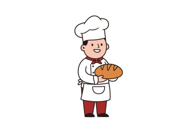 Baker 'a tırman. Bir somun ekmek tutan aşçı üniformalı bir fırıncı. Çizim tasarımı.