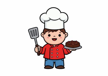 Lady Baker Çizgi Filmi Clipart. Bu resim, elinde spatula ve çikolatalı pasta tutan bir fırıncıyı gösteriyor. Çizim tasarımı.