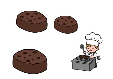 Küçük Brownie Fırıncıları Klip Sanatı. Bu resim bir şefin browni pişirmesini gösteriyor merdane, spatula ve kase gibi aletlerle. Çizim tasarımı.