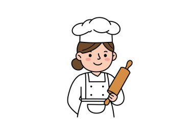 Leydi Baker Clipart. Bu resim aşçı şapkası ve önlüğü takan bir fırıncıyı gösteriyor, elinde merdane var. Çizim tasarımı.