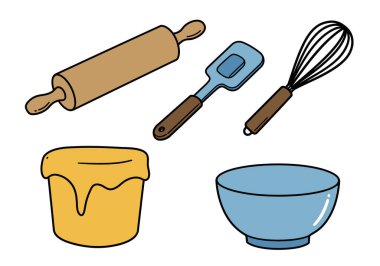 Baker Alet Tırmanışı. Merdane, spatula, çırpı, hamur kabı ve kase. Çizim tasarımı.