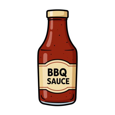 Barbekü sosu klipsi. Bu resim bej etiketli ve siyah metinli bir şişe barbekü sosunu gösteriyor. Çizim tasarımı.