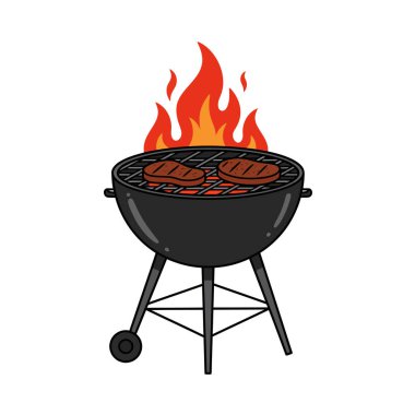 Barbekü ızgarası. Alevli siyah bir kömür ızgarası ve ızgarada cızırdayan iki biftek. Çizim tasarımı.