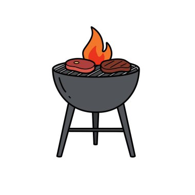 Barbekü ızgara sanatı. Izgarada alevler ve ızgarada iki parça et olan siyah bir ızgara. Çizim tasarımı.