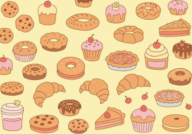 Fırının Arkaplanı Clipart. Bu resimde çörek, kek, turta, kruvasan ve kurabiye gibi çeşitli fırın ürünleri yer almaktadır. Çizim tasarımı.