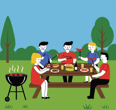 Barbekü partisi klipsi sanatı. Bir grup insan parkta barbekü partisinden zevk alıyor. Mangal yapıp sosyalleşiyorlar. Çizim tasarımı.