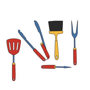 Mangal aletleri klipsleme sanatı. Bu resim bir spatula, maşa, çatal, çatal ve şiş de dahil olmak üzere bir takım barbekü aletlerini gösteriyor. Çizim tasarımı.