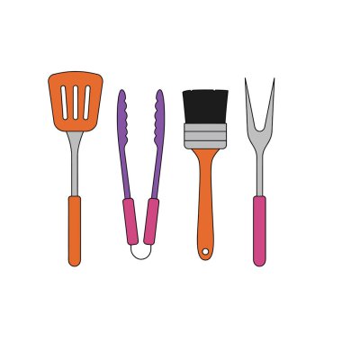 Barbekü aleti klipsi. Bu resim dört tane barbekü malzemesi gösteriyor: bir spatula, maşa, diş fırçası ve bir çatal. Çizim tasarımı.