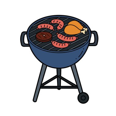 BBQ 'nun klip sanatı. Bu resim sosisli ızgara, tavuk budu ve bifteği gösteriyor. Çizim tasarımı.