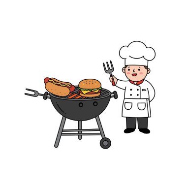 Güzel bir barbekü partisi. Şef ızgarada sosisli ve burger pişiriyor. Çizim tasarımı.
