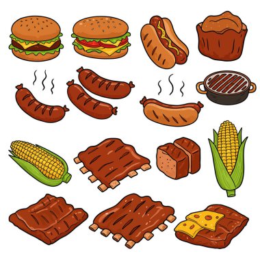 Barbekü yemek klipsi sanatı. Bu resimde hamburgerler, sosisler, sosisler, kaburgalar, mısır ve ekmek gibi çeşitli BBQ yiyecekleri sergilenmektedir. Çizim tasarımı.