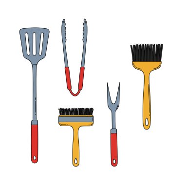 Izgara çatal bıçak klipsi. Bu resim spatula, maşa, çatal ve fırça gibi çeşitli ızgara aletlerini gösteriyor. Çizim tasarımı.