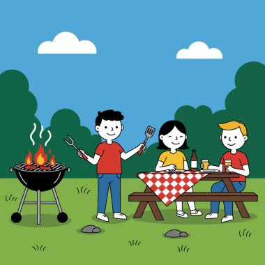 Arka bahçe barbekü klipsi sanatı. Üç kişi arka bahçede ızgara, piknik masası ve yemekle barbekü yapıyor. Çizim tasarımı.