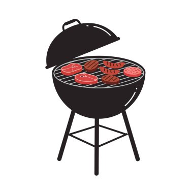 Barbekü ızgara klipsi sanatı. Görüntü, üzerinde çeşitli etlerin pişirildiği bir barbekü ızgarasını gösteriyor. Çizim tasarımı.