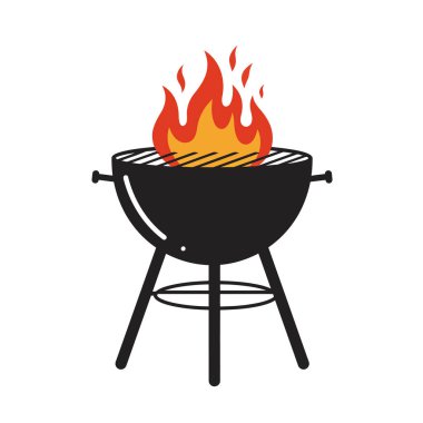 Barbekü klibi sanatı. Üstünde kırmızı ve sarı bir alev olan siyah bir ızgara. Çizim tasarımı.
