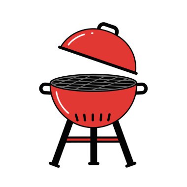 Barbekü çukuru klipsi. Bu resim açık kapağı ve siyah ızgarası olan kırmızı bir ızgarayı gösteriyor. Çizim tasarımı.