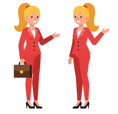 Kadın işyeri sahibi Clipart. Kırmızı takım elbiseli, sarı saçlı, elinde evrak çantası olan, ayakta duran ve el kol hareketi yapan iki kadın. Çizim tasarımı.