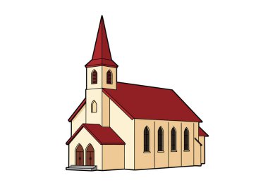Vaftizci kilise klibi sanatı. Bu resim, inanç ve ibadeti sembolize eden kırmızı çatılı, çan kulesine sahip bej bir kiliseyi gösteriyor. Çizim tasarımı.