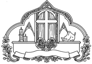 Kilise bültenleri için siyah beyaz bir grup. Resimde bir haç, mumlar ve ruhani temalı dekoratif öğeler yer alıyor. Çizim tasarımı.