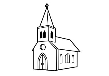 Siyah ve beyaz kilise klipsi sanatı. Bu resim, çan kulesi ve haçı olan basit bir kiliseyi gösteriyor. Çizim tasarımı.
