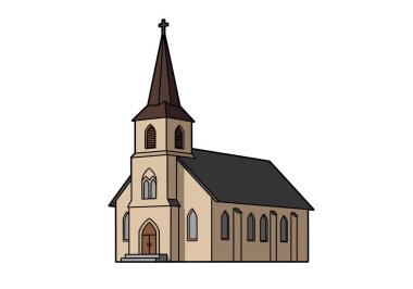 Katolik kilise klibi sanatı. Bu resim uzun bir çan kulesi ve haçı olan, kemerli pencereleri ve ahşap kapısı olan bej bir kiliseyi gösteriyor. Çizim tasarımı.