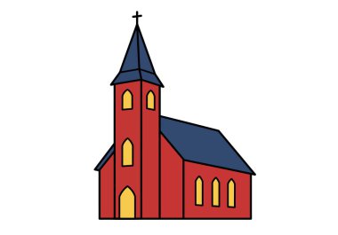 Hristiyan kilise klibi sanatı. Bu resim mavi çatılı, sarı pencereli ve üzerinde haç olan kırmızı bir kiliseyi gösteriyor. Çizim tasarımı.