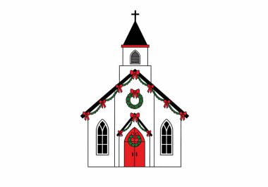Noel klibi sanatı. Kilise çelenkler, çelenkler ve kırmızı fiyonklarla süslenerek bayram geleneğini sembolize eder. Çizim tasarımı.