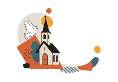 Kilise duyurusu. Bu resim, çan kulesi ve haçı olan bir kiliseyi, uçan bir güvercini ve soyut şekilleri gösteriyor. Çizim tasarımı.