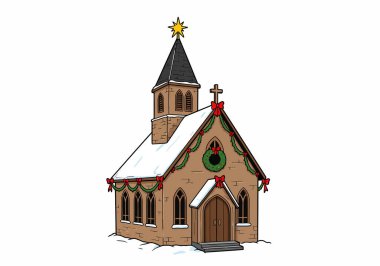 Kilise Noel Klibi. Karlı bir çatı altında Noel süslemeleri, çelenkler, çelenkler ve fiyonklarla süslenmiş bir şenlik kilisesi. Çizim tasarımı.