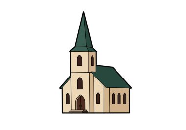 Kilise sanat klipsi. Bu resim, uzun çan kulesi ve kemerli pencereleri olan basit bir kiliseyi gösteriyor. Çizim tasarımı.