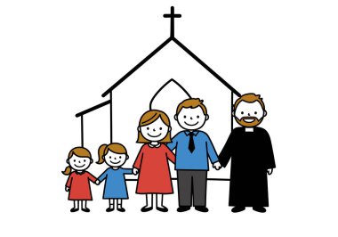 Kilise aile klipsi sanatı. Bu resim bir ailenin kilisenin önünde bir rahiple el ele tutuşmasını gösteriyor. Çizim tasarımı.